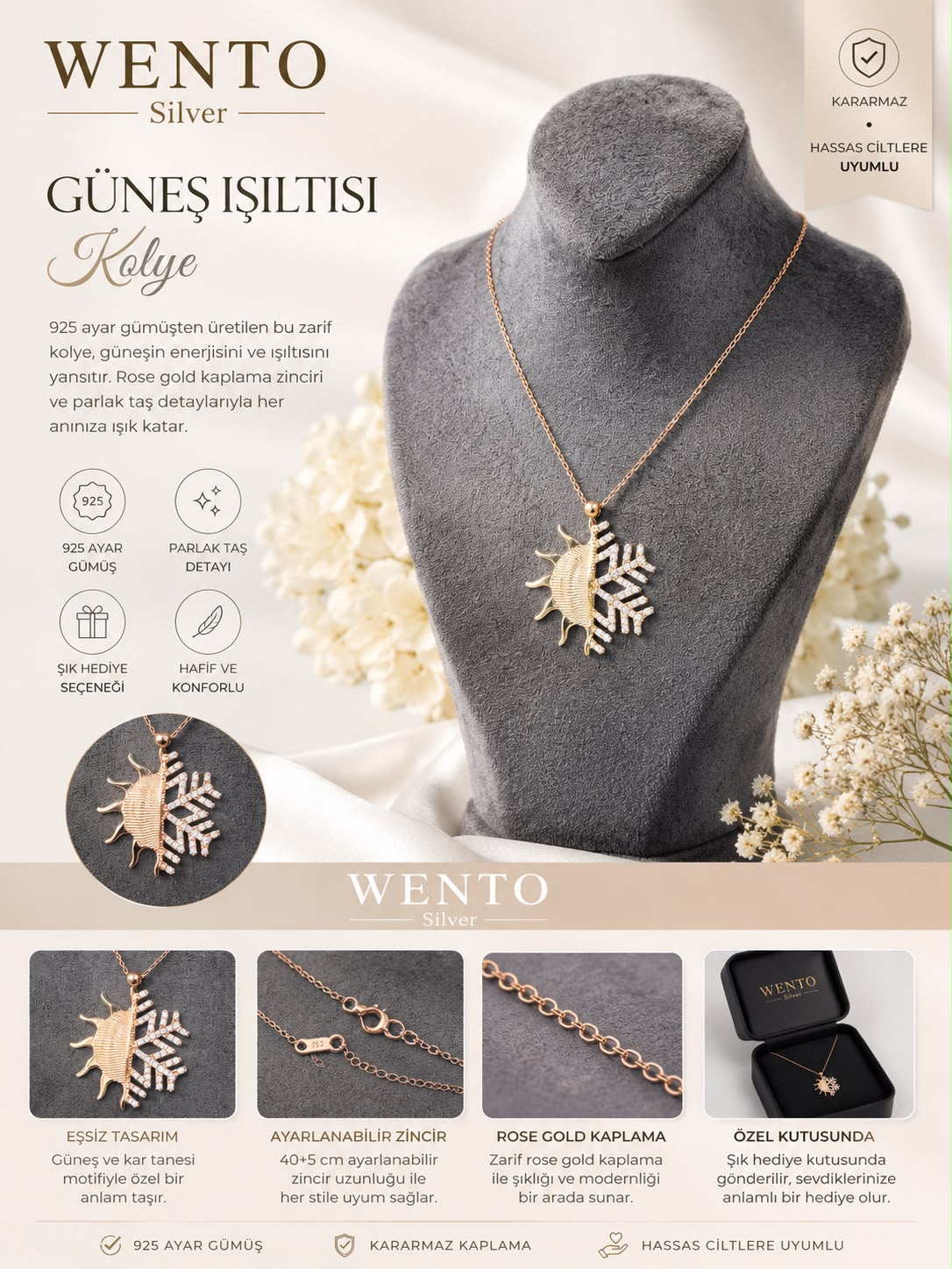 Güneş Işıltısı Kolye | 925 Ayar Gümüş Rose Gold