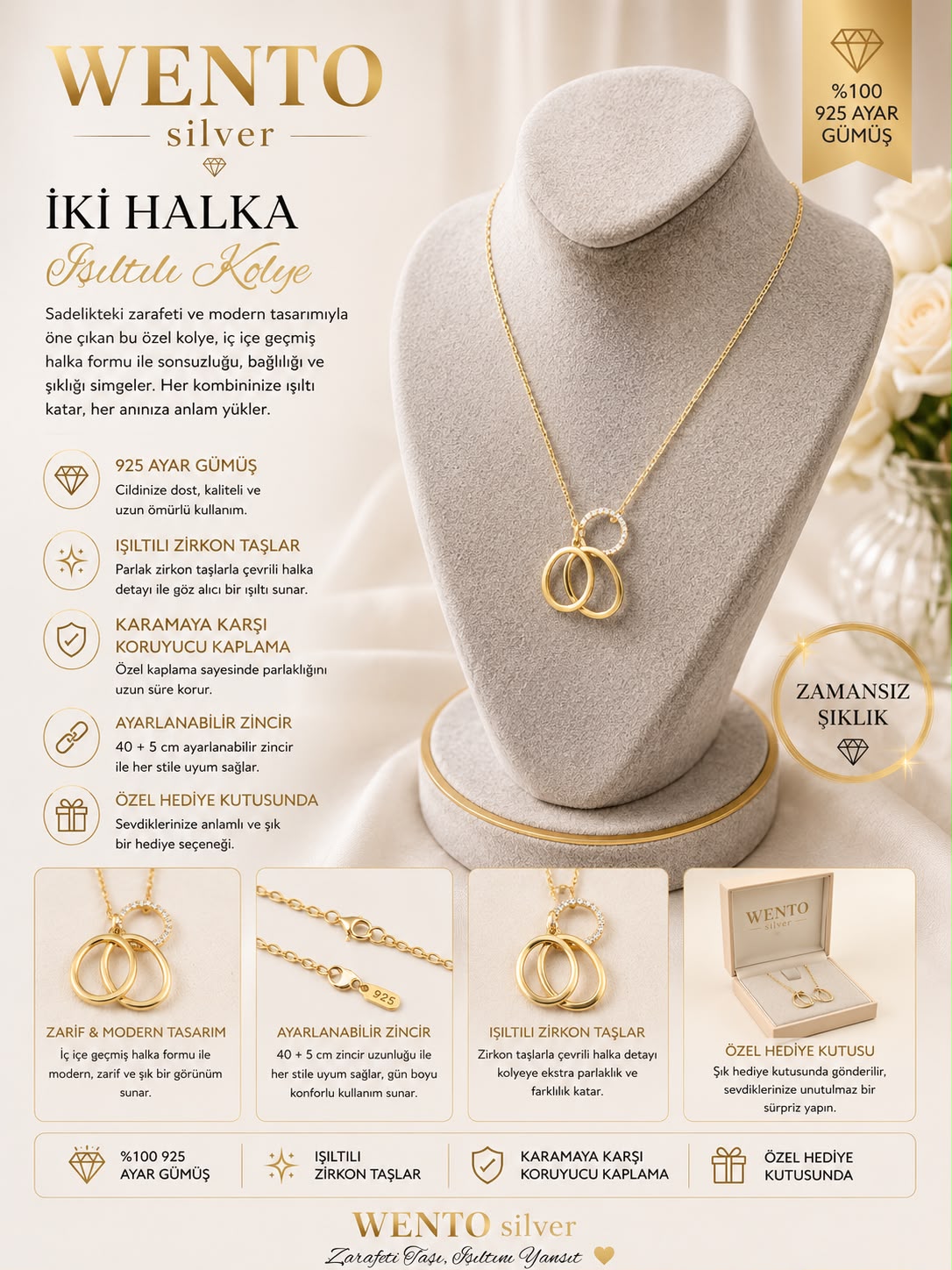 WENTO Silver İki Halka Işıltılı Kolye