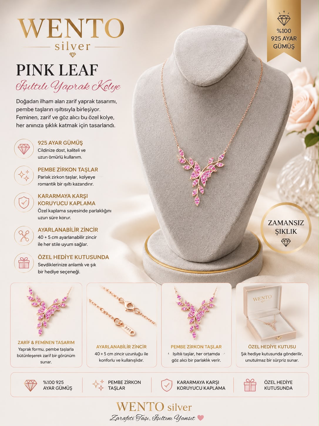 WENTO Silver Pink Leaf Pembe Yaprak Kolye