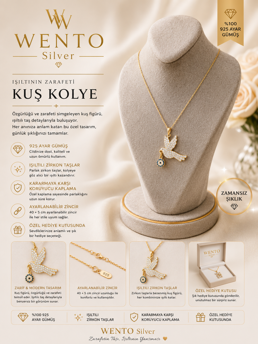🕊️ WENTO Silver – Nazar Boncuklu Kuş Kolye
Özgürlüğün ve zarafetin boynunuzdaki en şık hali