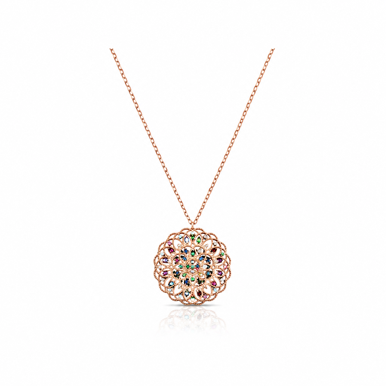 WENTO Silver Renkli Taşlı Mandala Kolye | 925 Ayar Gümüş | Rose Gold | Zarif Tasarım