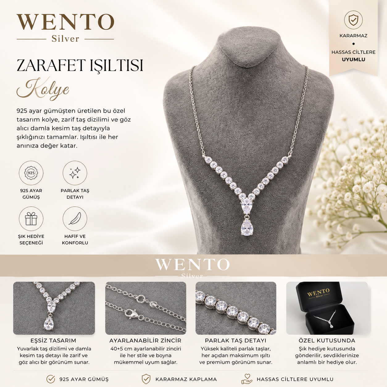 WENTO Silver Damla Taşlı Kolye | 925 Ayar Gümüş | Zarif ve Işıltılı Tasarım
