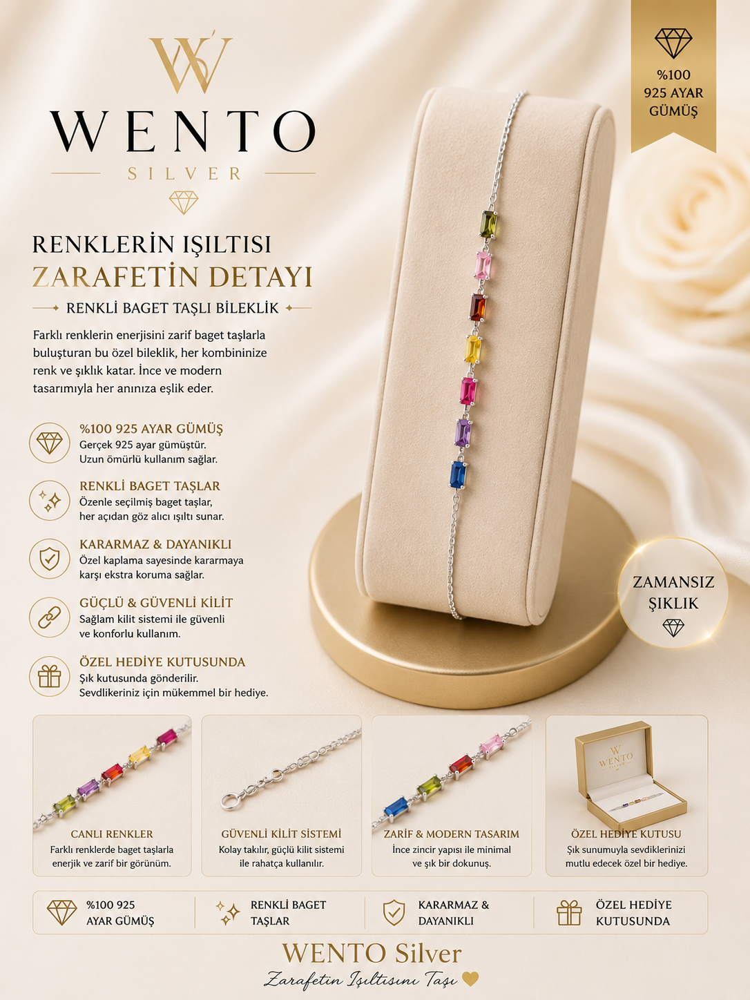🌈 WENTO Silver – Rainbow Baget Taşlı 925 Ayar Gümüş Bileklik